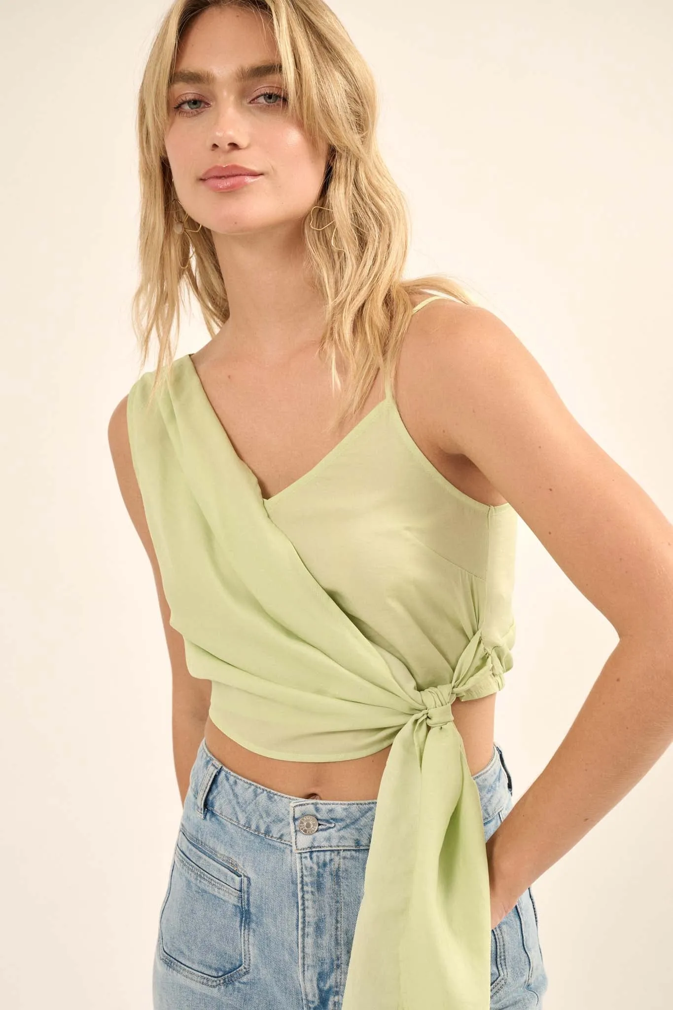 Greek to Me Asymmetrical Cropped Satin Wrap Top