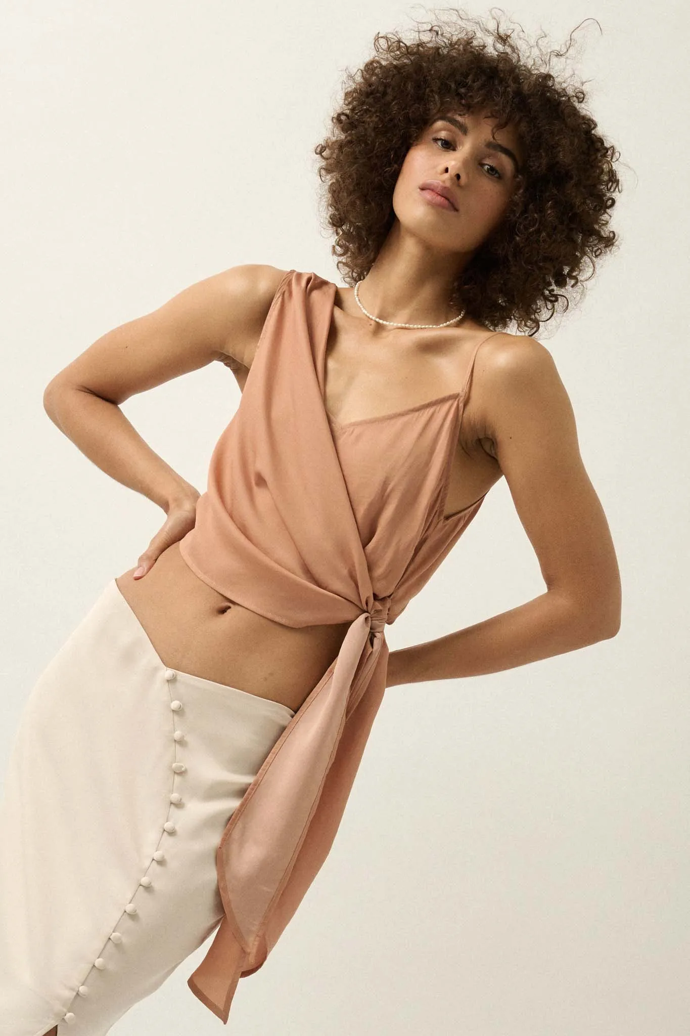 Greek to Me Asymmetrical Cropped Satin Wrap Top