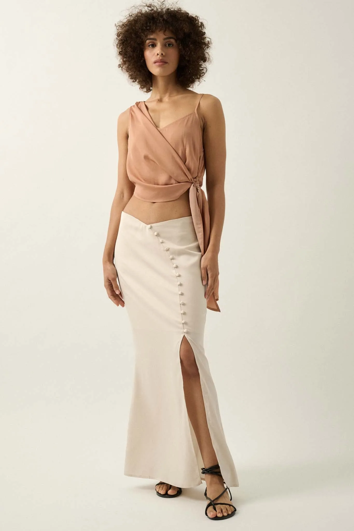 Greek to Me Asymmetrical Cropped Satin Wrap Top