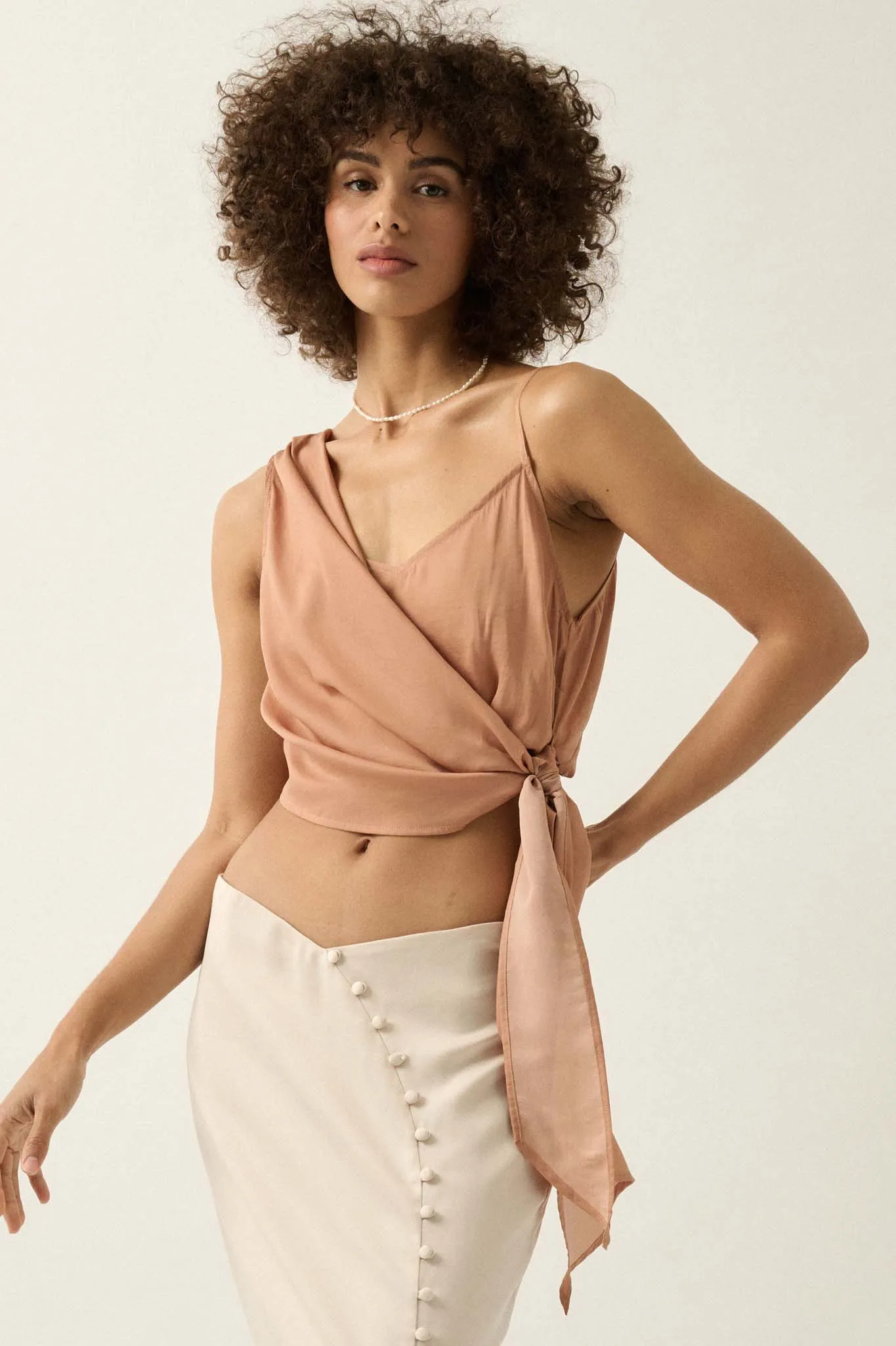 Greek to Me Asymmetrical Cropped Satin Wrap Top