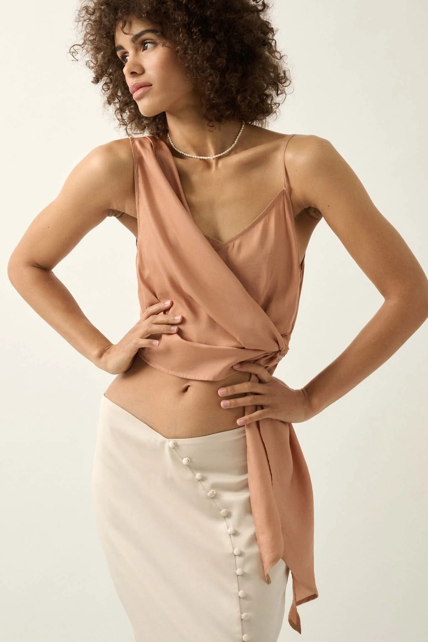 Greek to Me Asymmetrical Cropped Satin Wrap Top