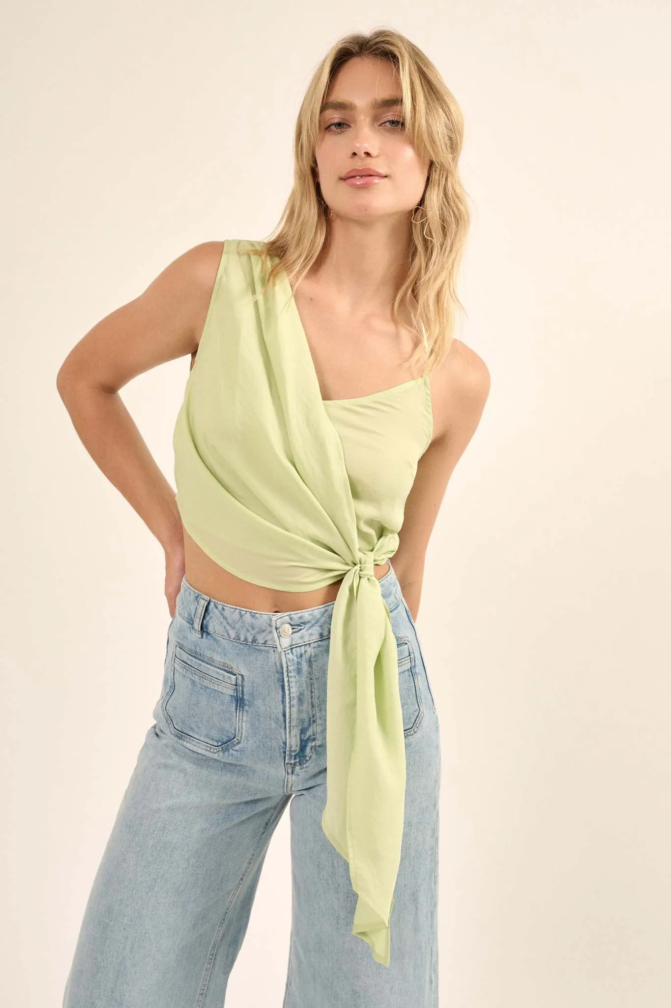 Greek to Me Asymmetrical Cropped Satin Wrap Top