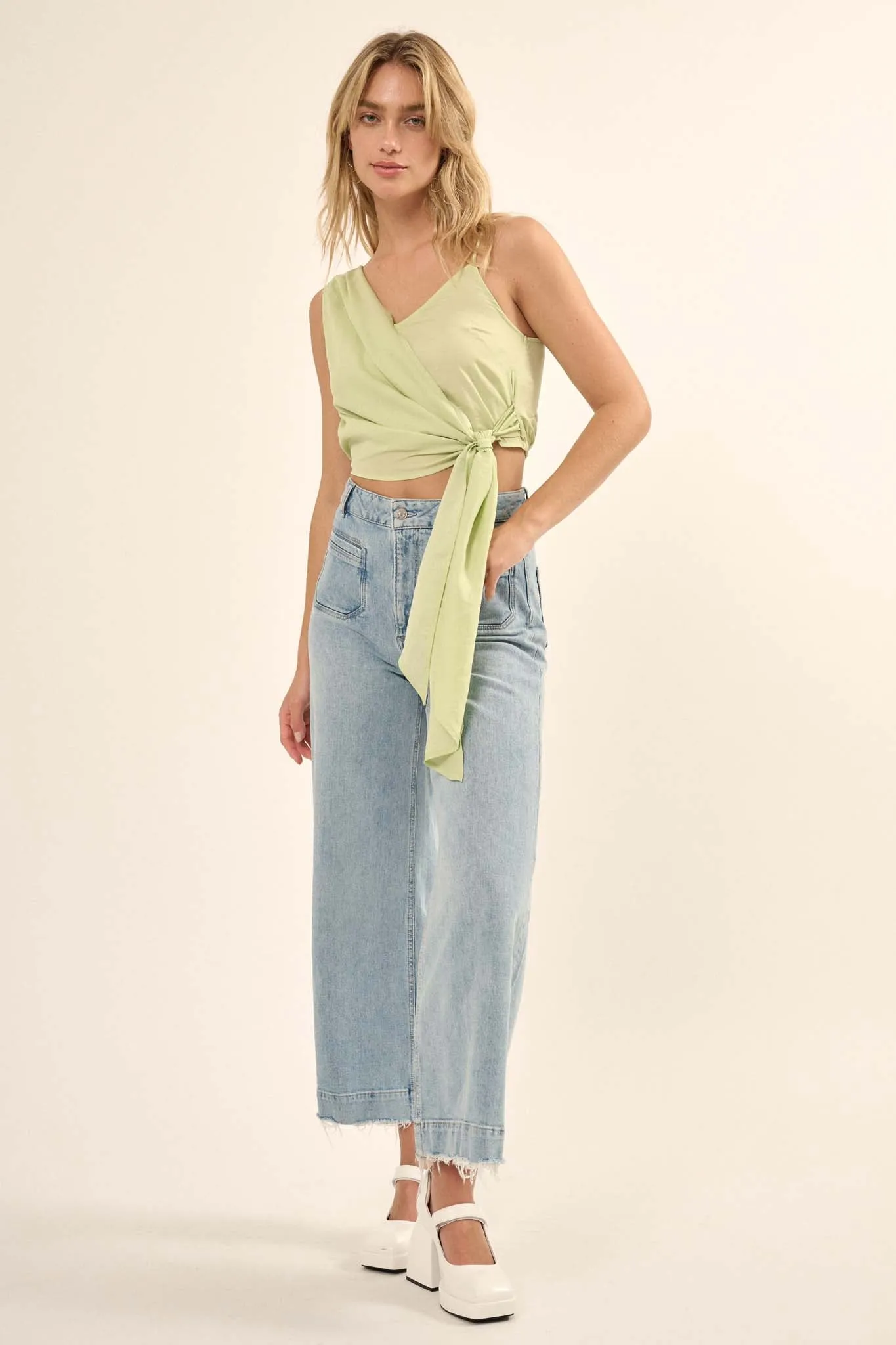 Greek to Me Asymmetrical Cropped Satin Wrap Top