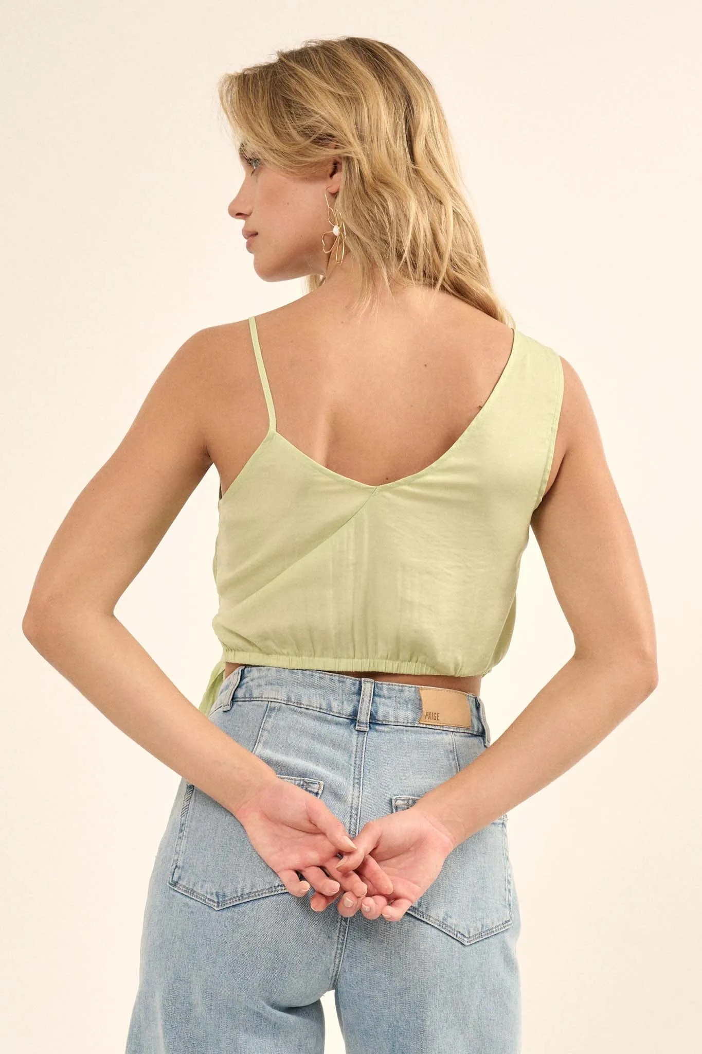 Greek to Me Asymmetrical Cropped Satin Wrap Top