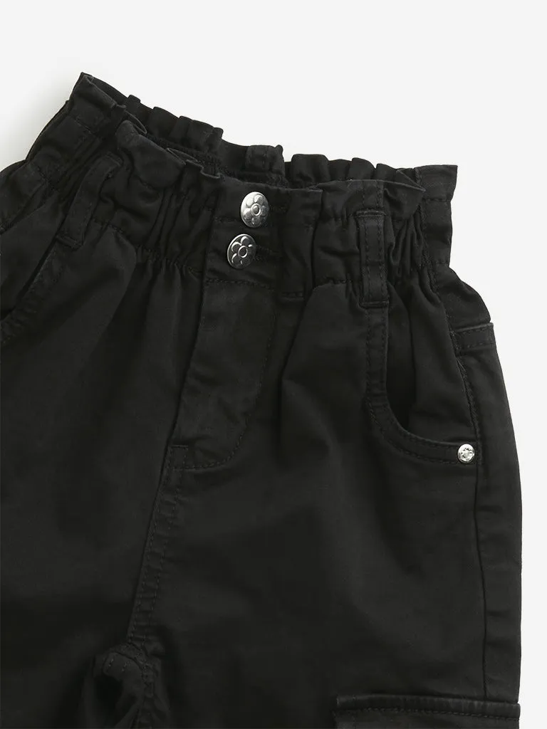 HOP Kids Black Mid-Rise Paperbag Waist Trousers