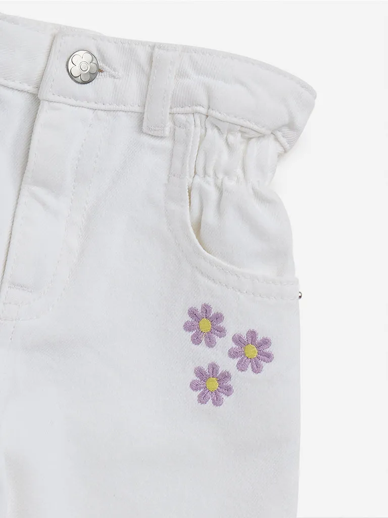 HOP Kids White Floral-Detailed Straight - Fit High - Rise Jeans