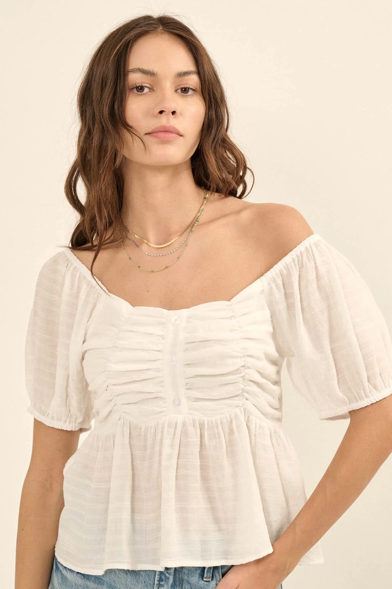 In Your Dreams Ruched Tonal-Stripe Peasant Top