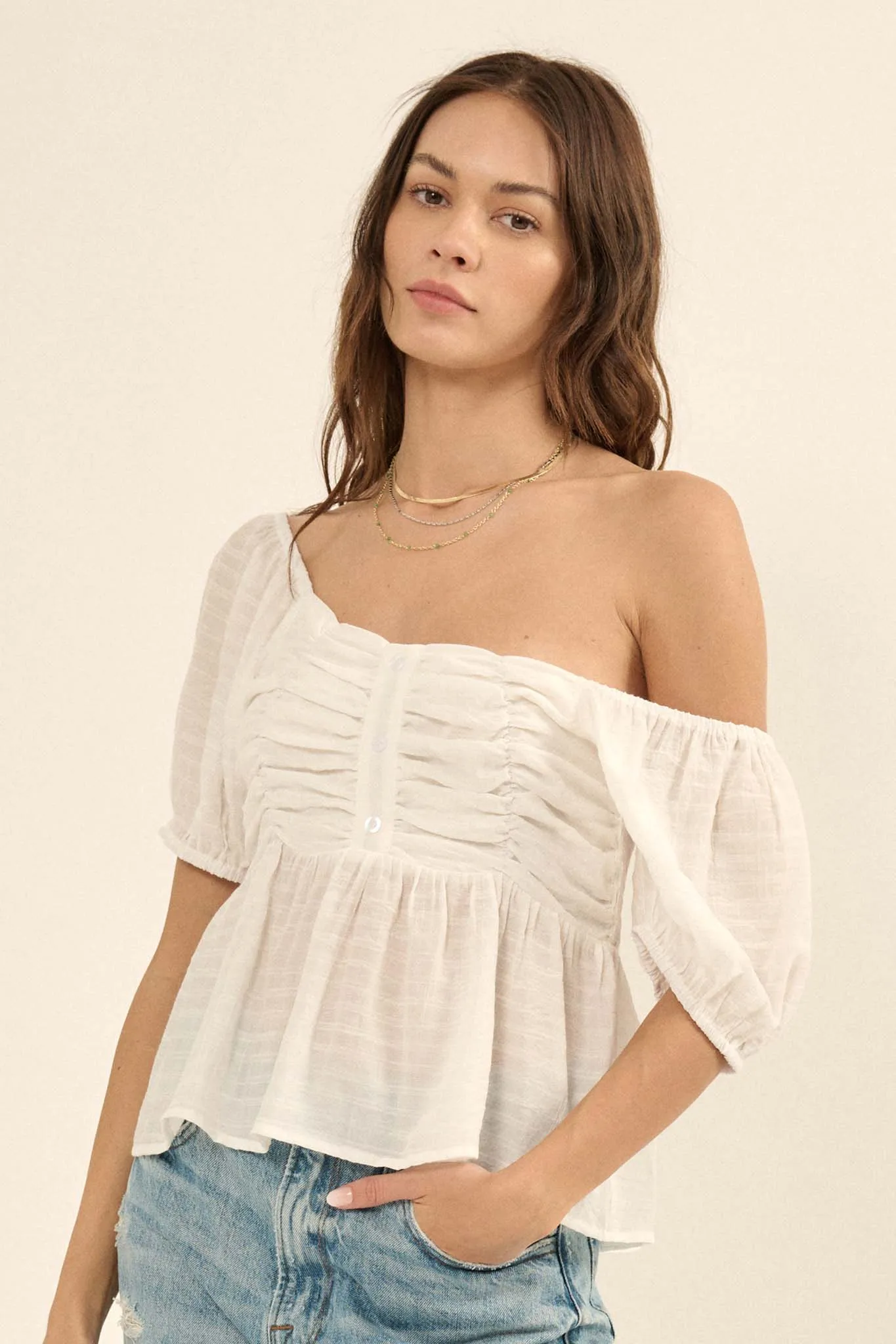 In Your Dreams Ruched Tonal-Stripe Peasant Top