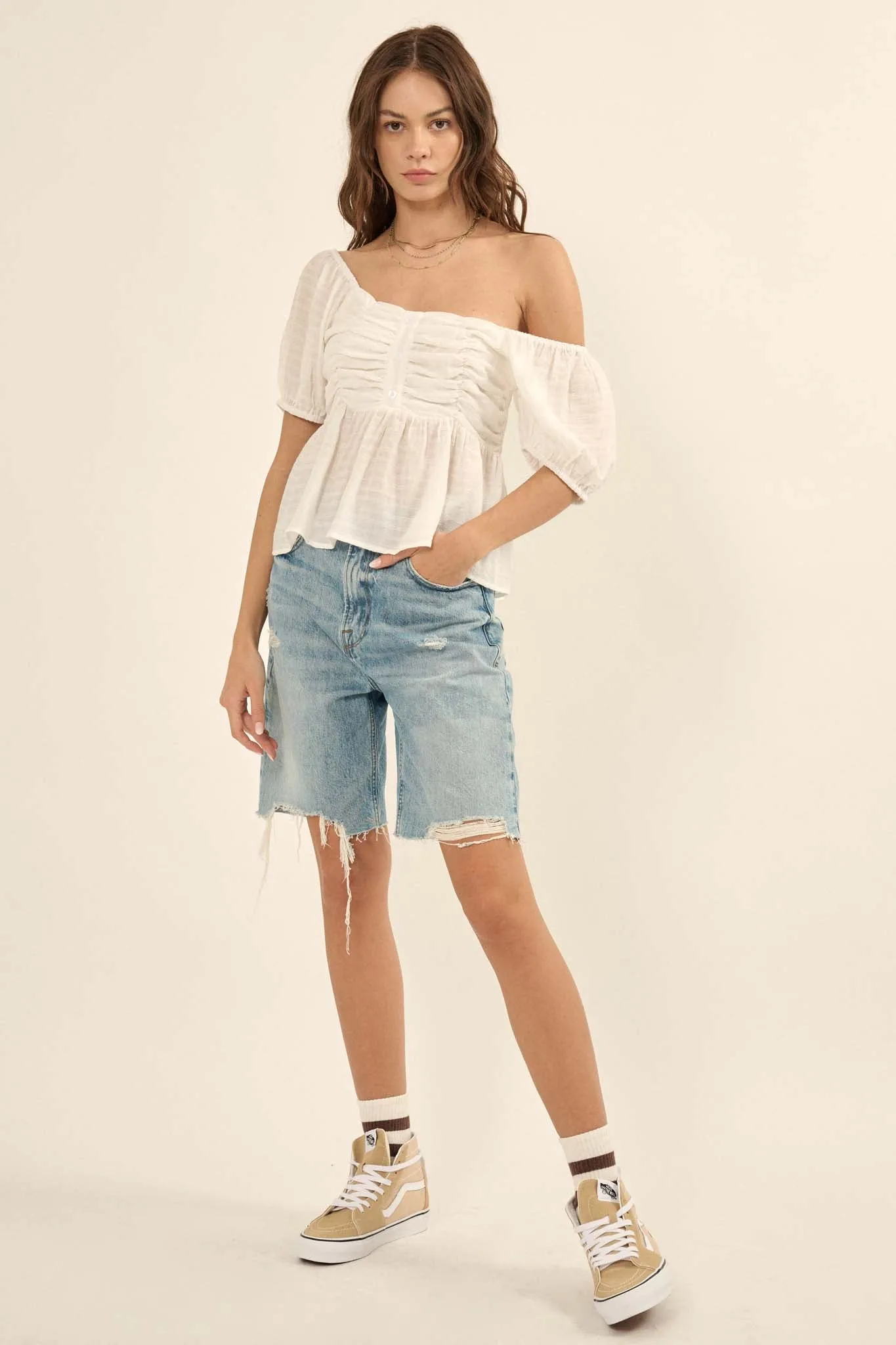 In Your Dreams Ruched Tonal-Stripe Peasant Top