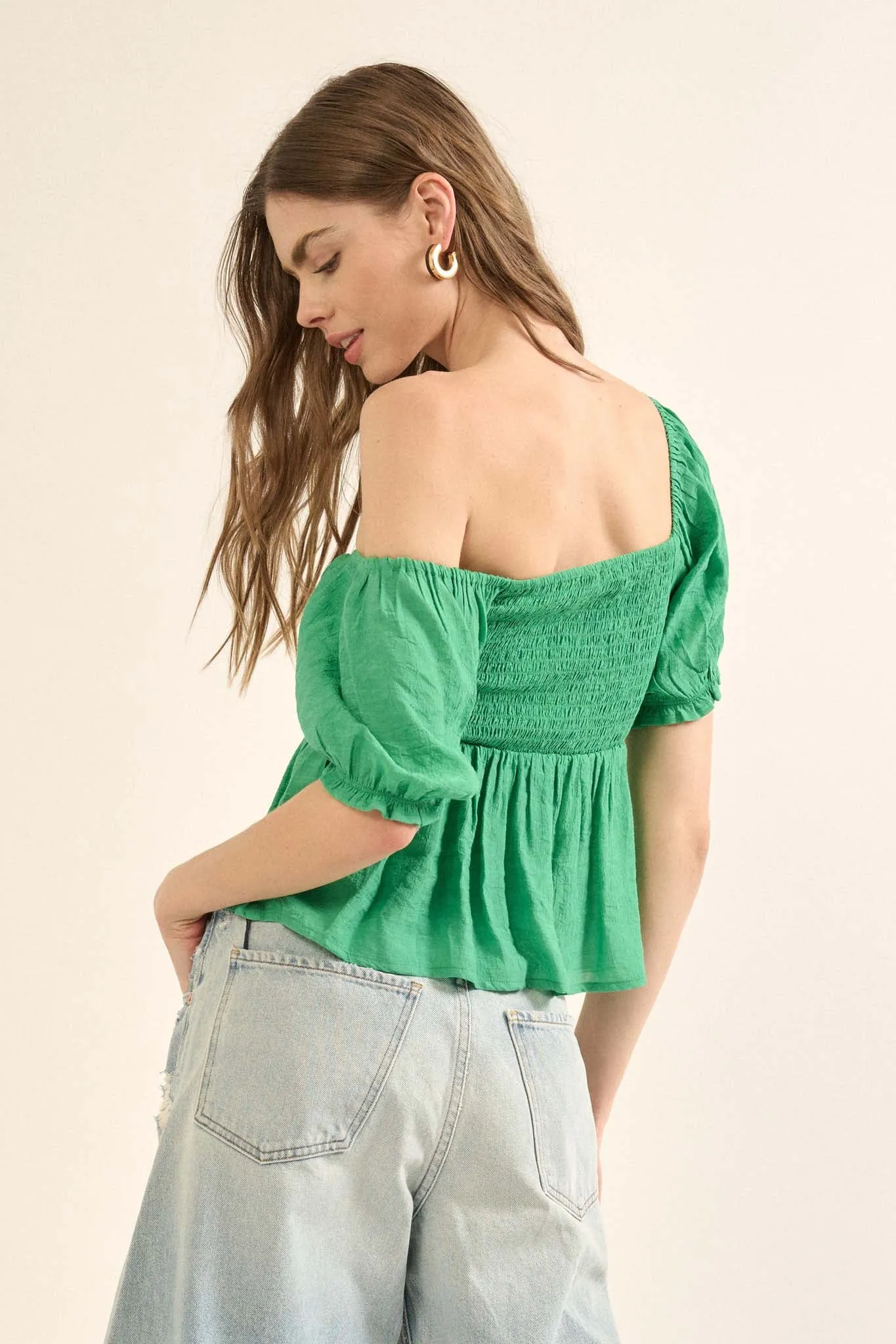 In Your Dreams Ruched Tonal-Stripe Peasant Top