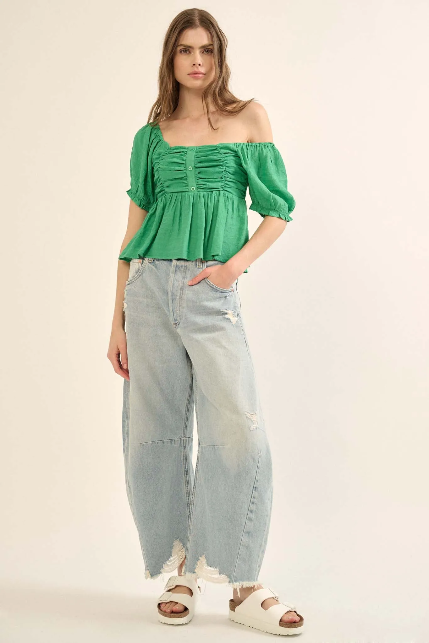 In Your Dreams Ruched Tonal-Stripe Peasant Top