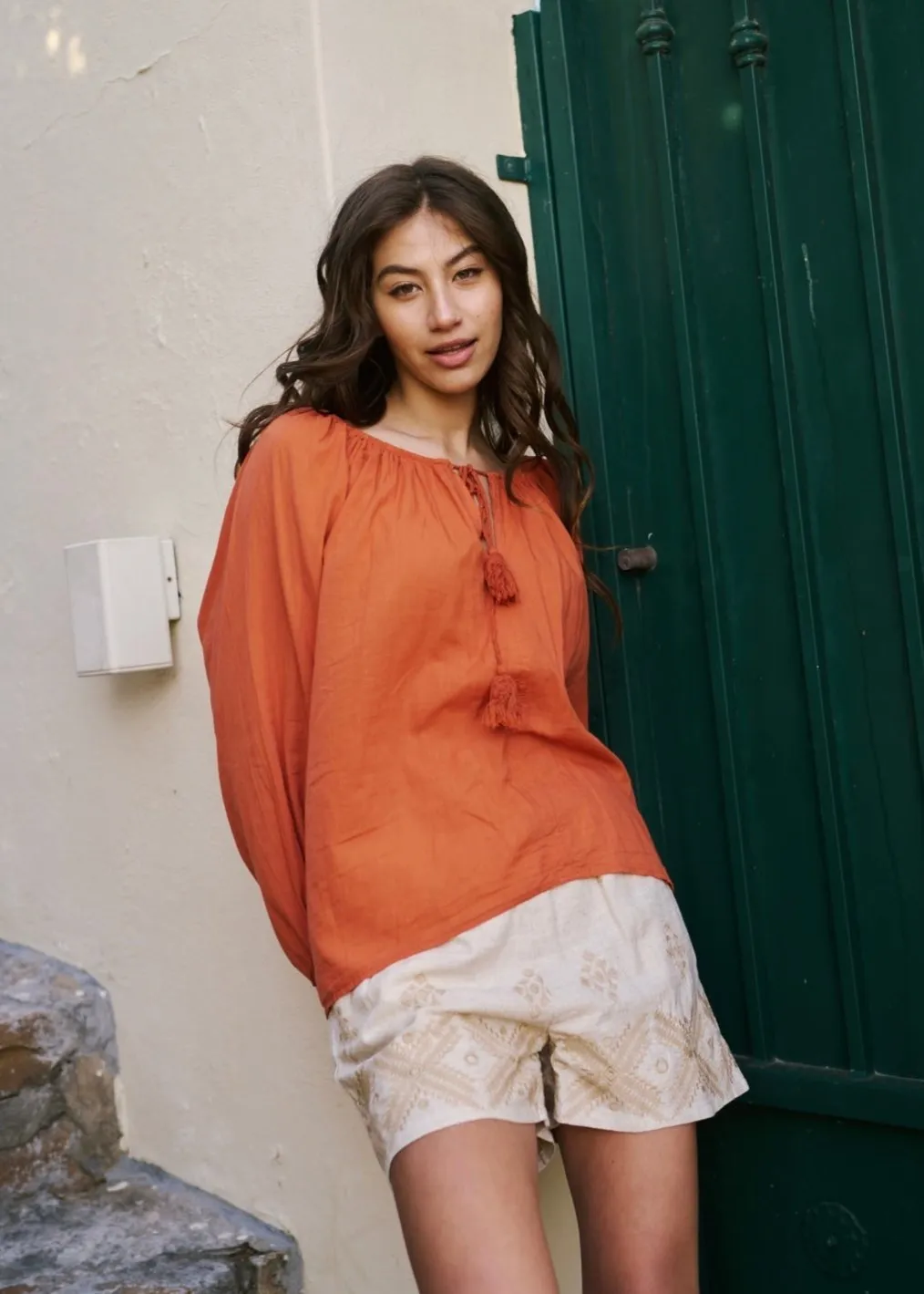 Italian Stonewashed Peasant Blouse in Rust