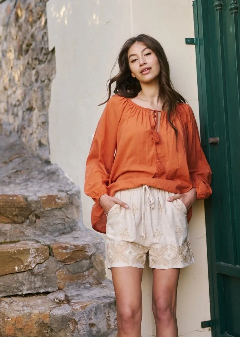 Italian Stonewashed Peasant Blouse in Rust