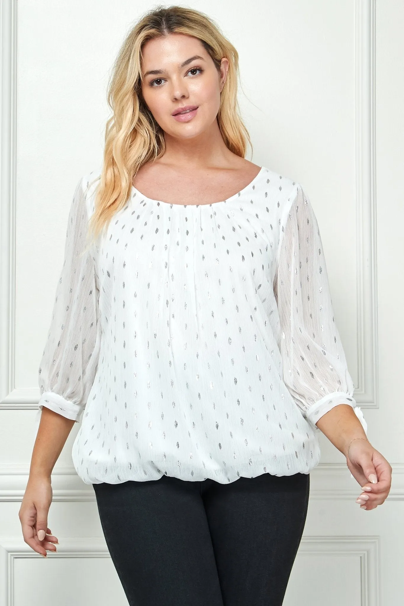 Ivory 3/4 Tie Sleeve Bubble Blouse - Plus