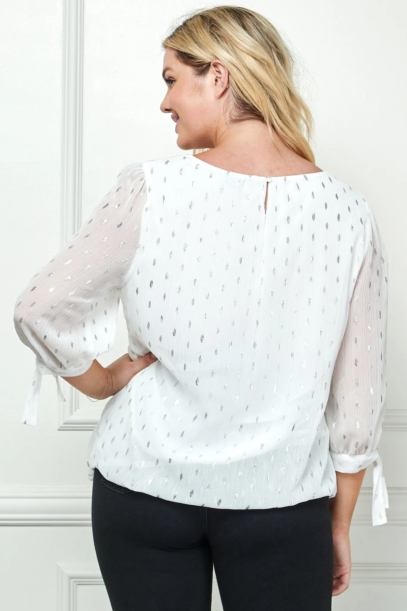 Ivory 3/4 Tie Sleeve Bubble Blouse - Plus