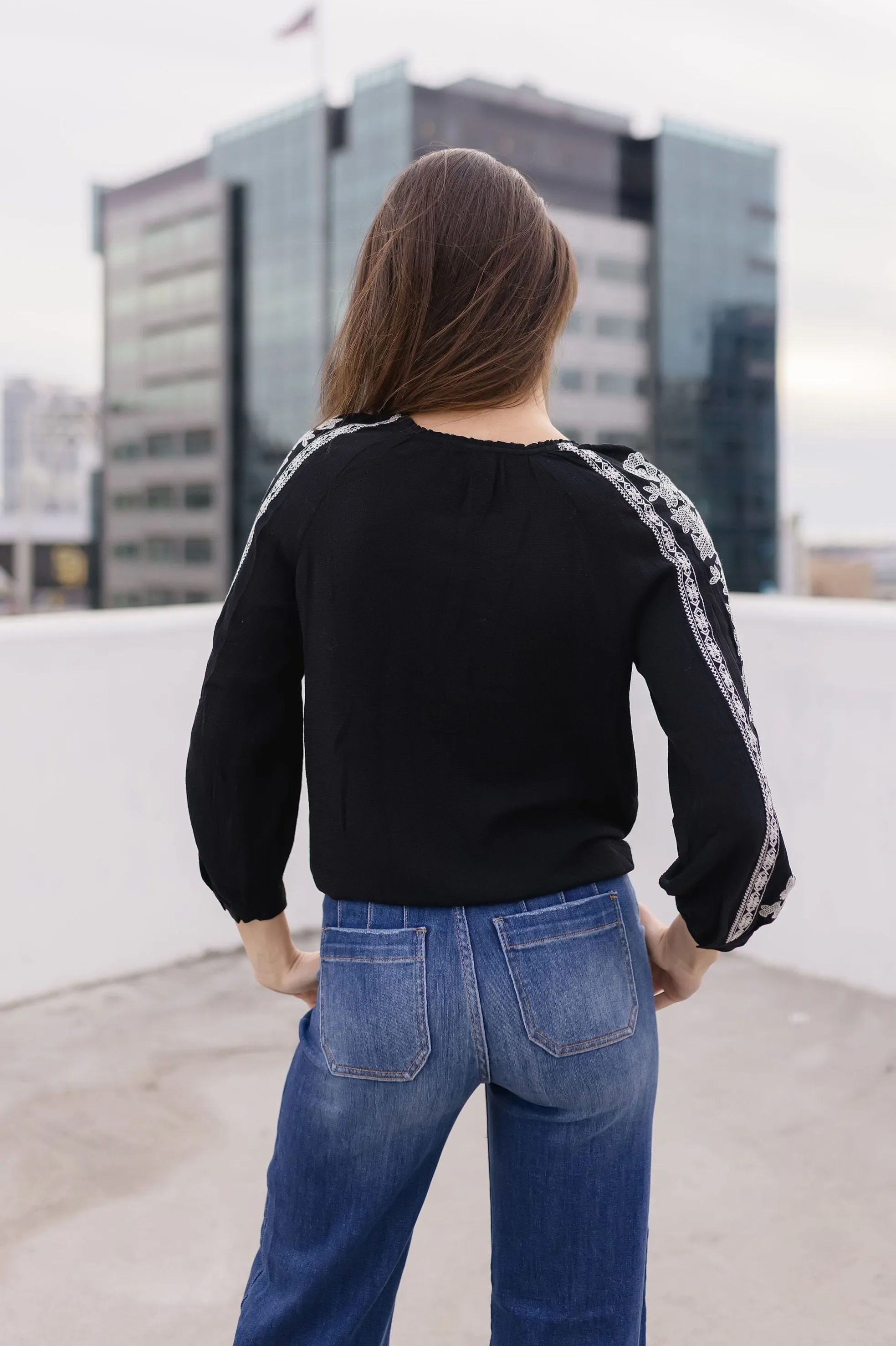 Katrina Embroidered Long Sleeve Top Black