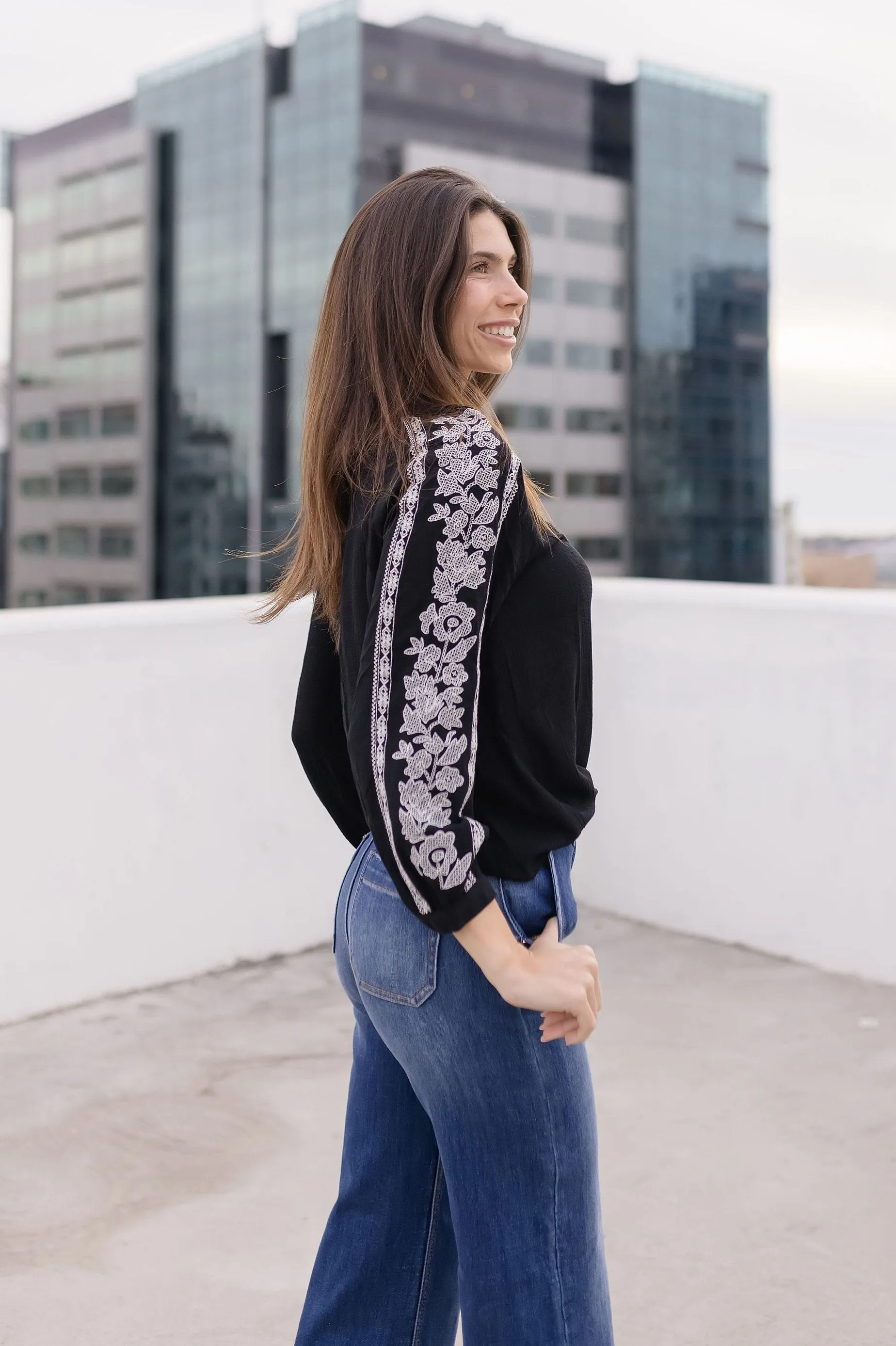 Katrina Embroidered Long Sleeve Top Black