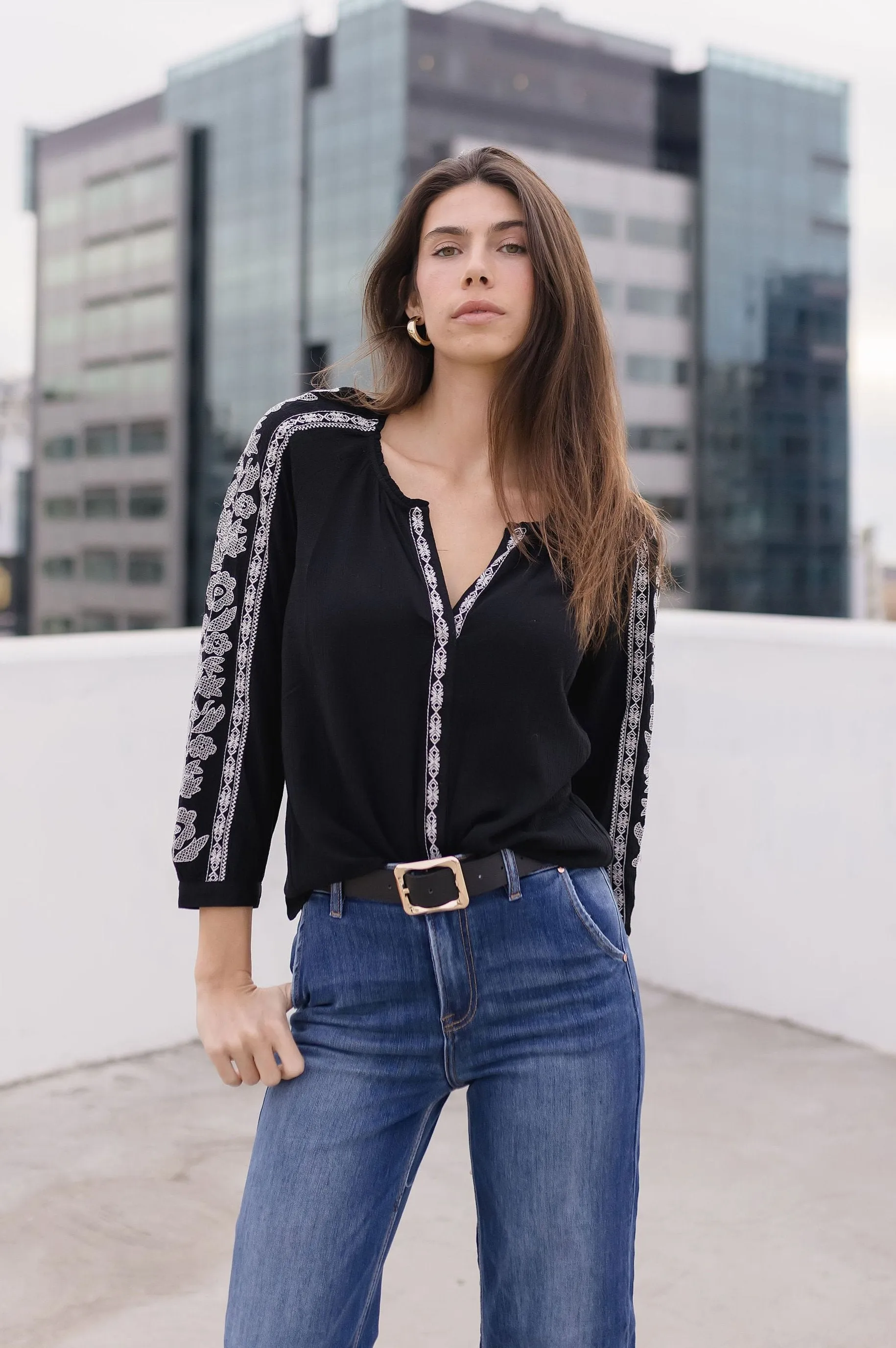 Katrina Embroidered Long Sleeve Top Black