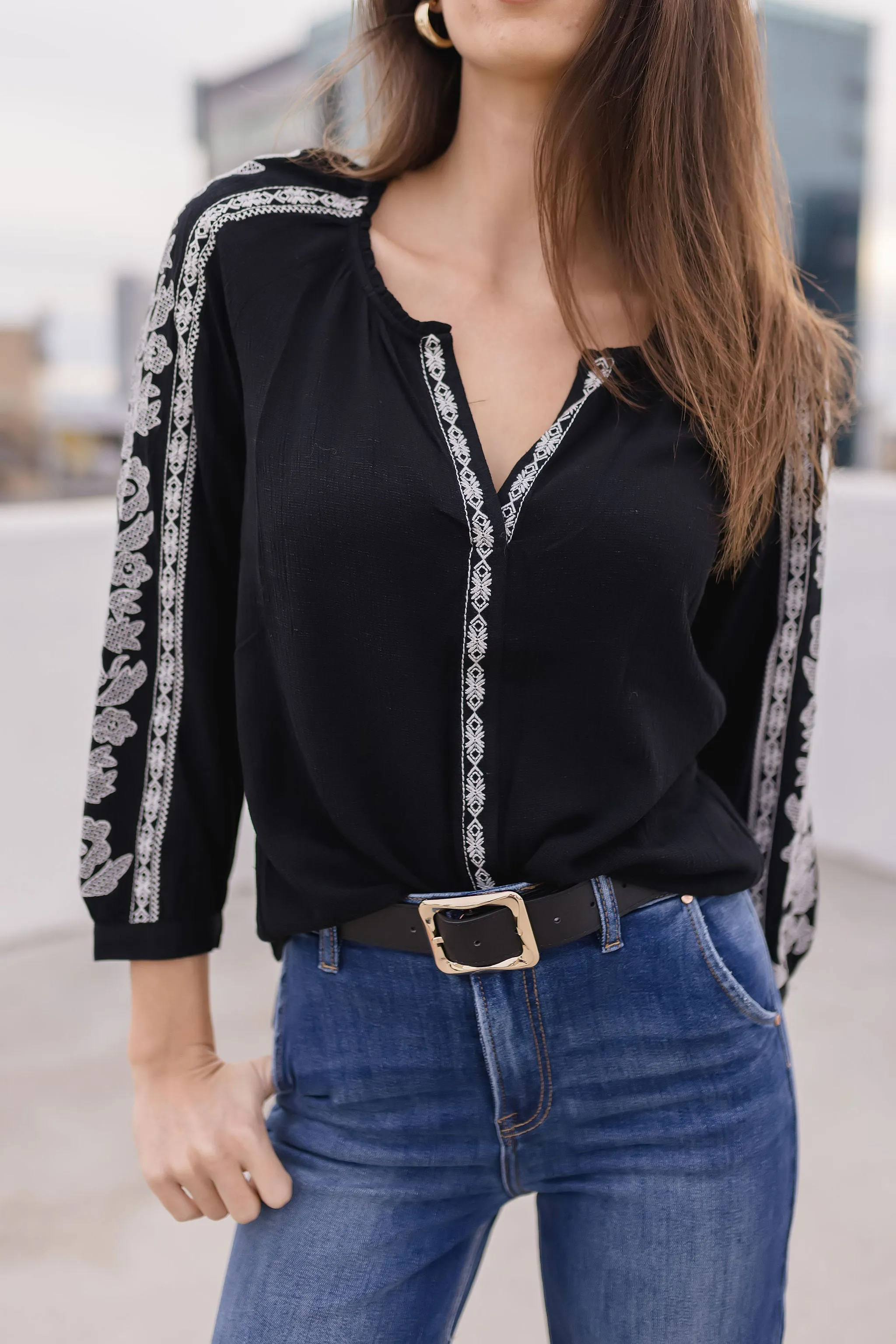 Katrina Embroidered Long Sleeve Top Black