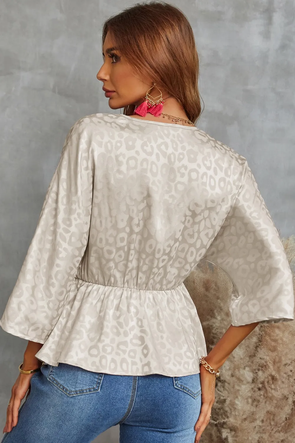 Leopard Three-Quarter Sleeve Peplum Blouse