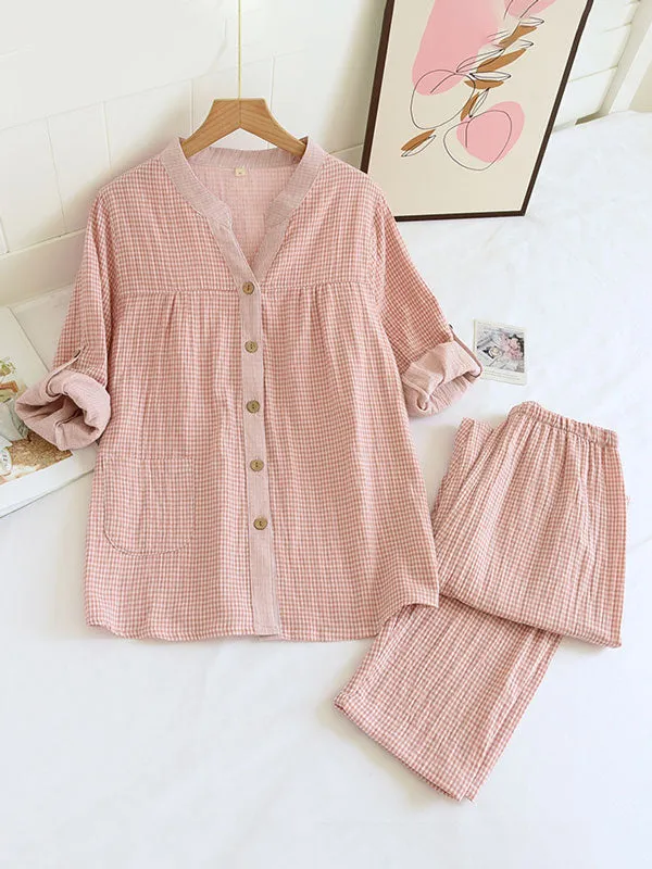 Long Sleeve Plaid Button Down Cotton Pajama Set