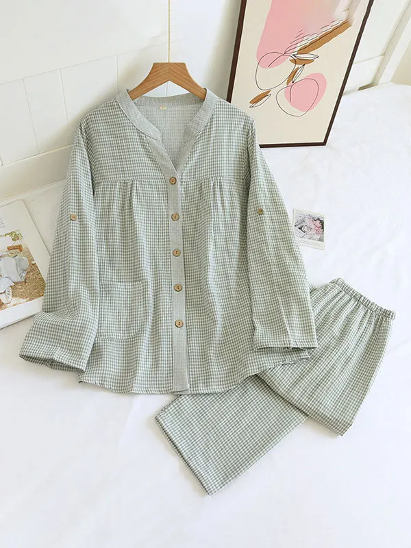 Long Sleeve Plaid Button Down Cotton Pajama Set