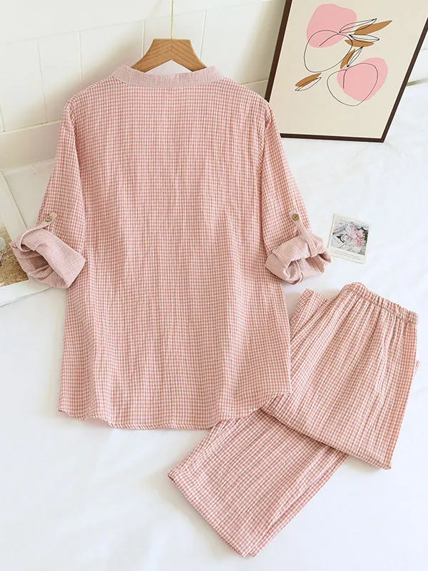 Long Sleeve Plaid Button Down Cotton Pajama Set