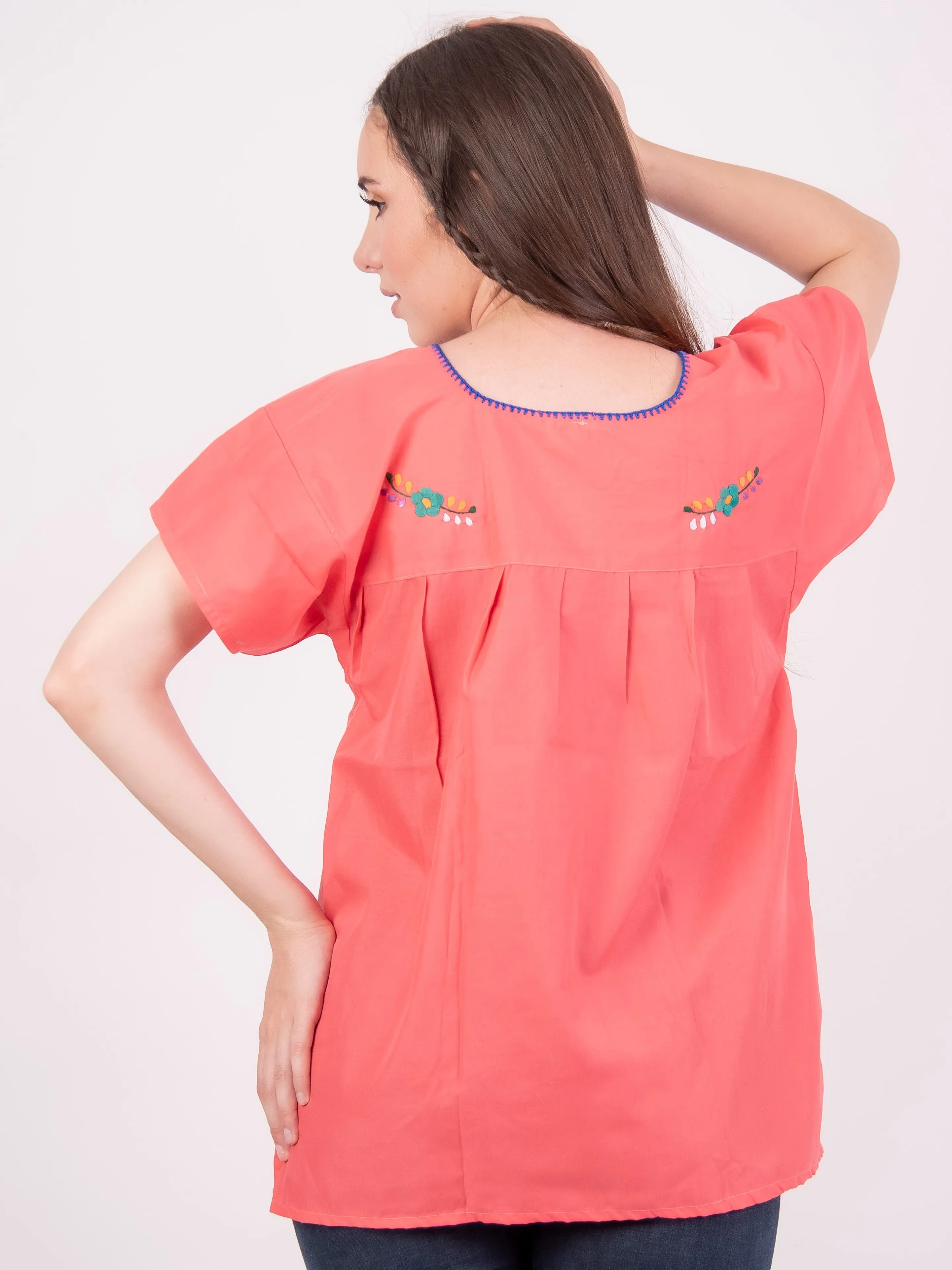 Mexican Tehuacan Full Embroidered Blouse Coral