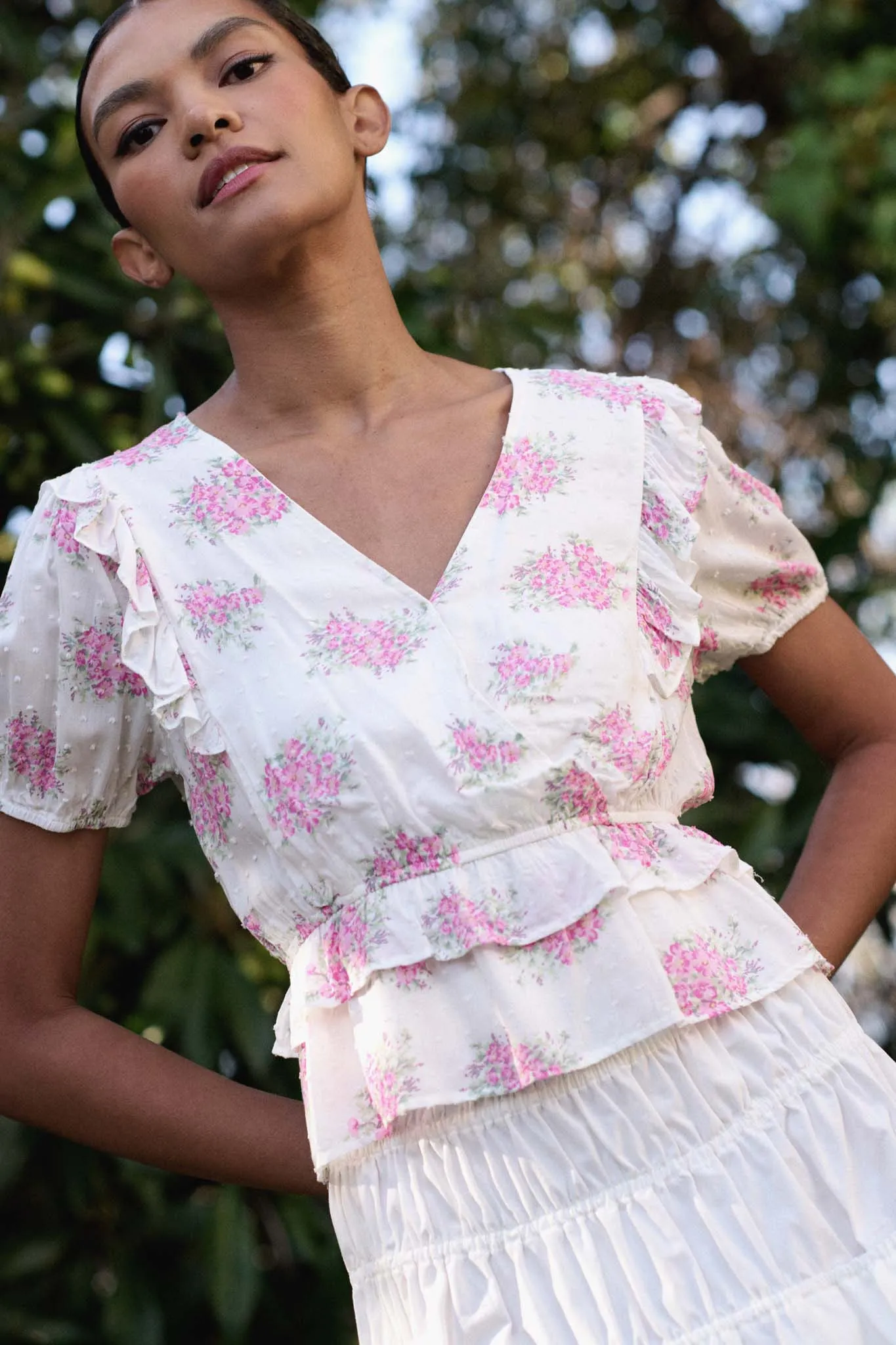 Midsummer Dream Ruffled Floral Surplice Top