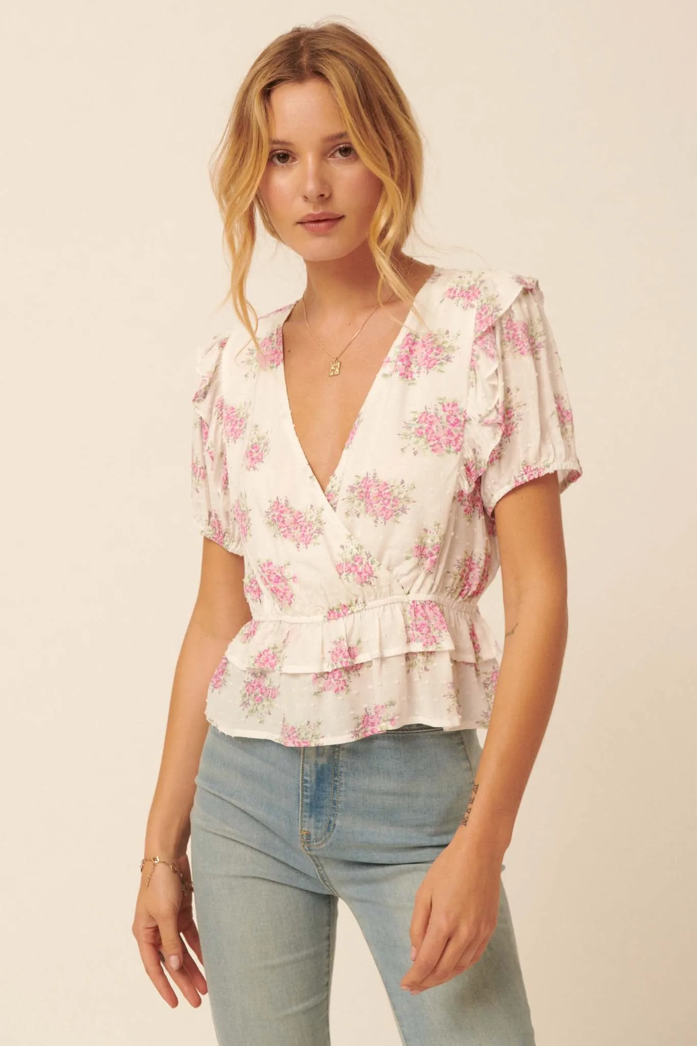 Midsummer Dream Ruffled Floral Surplice Top