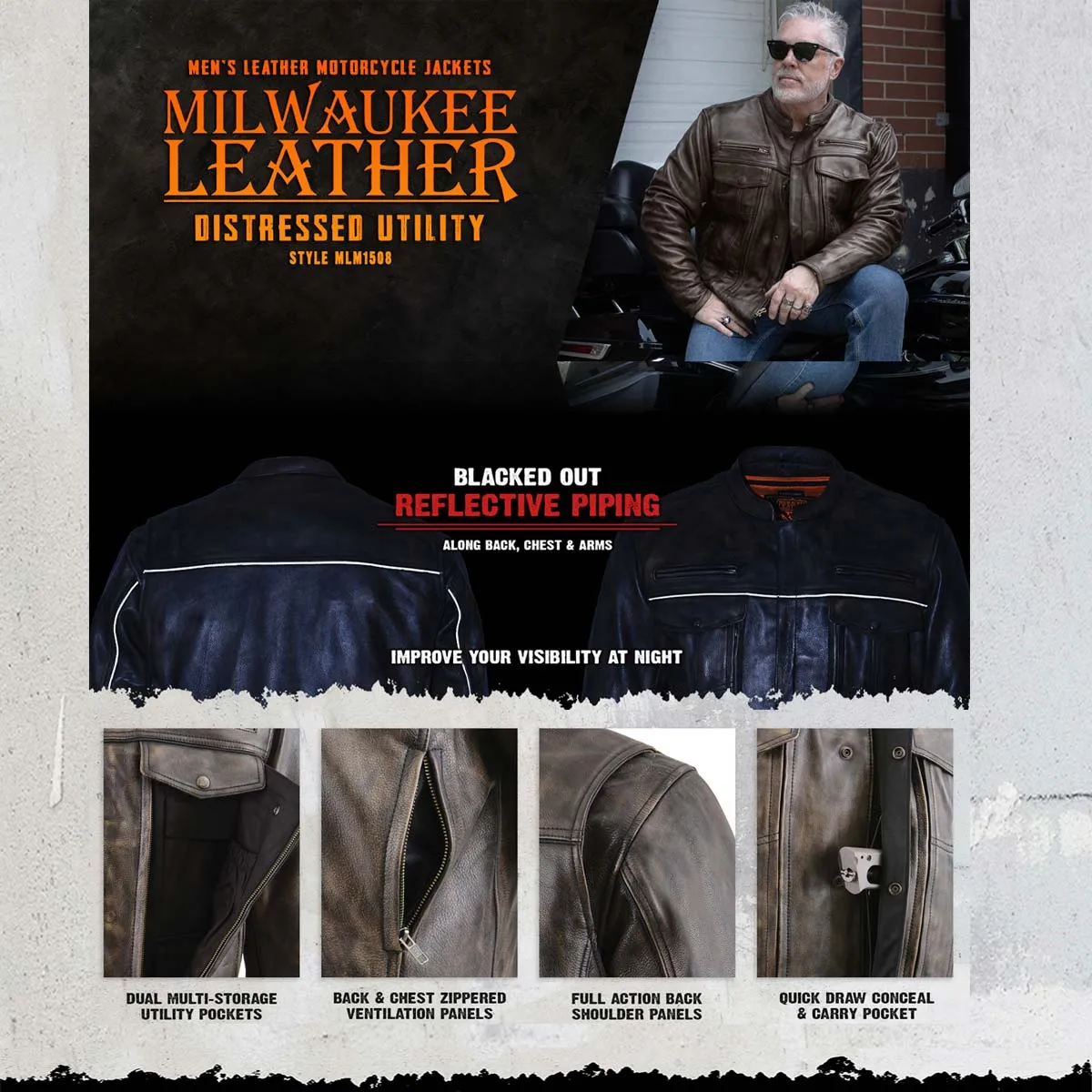 Milwaukee Leather MLM1508 Men's Distressed Brown Premium Leather Motorcycle Rider Jacket