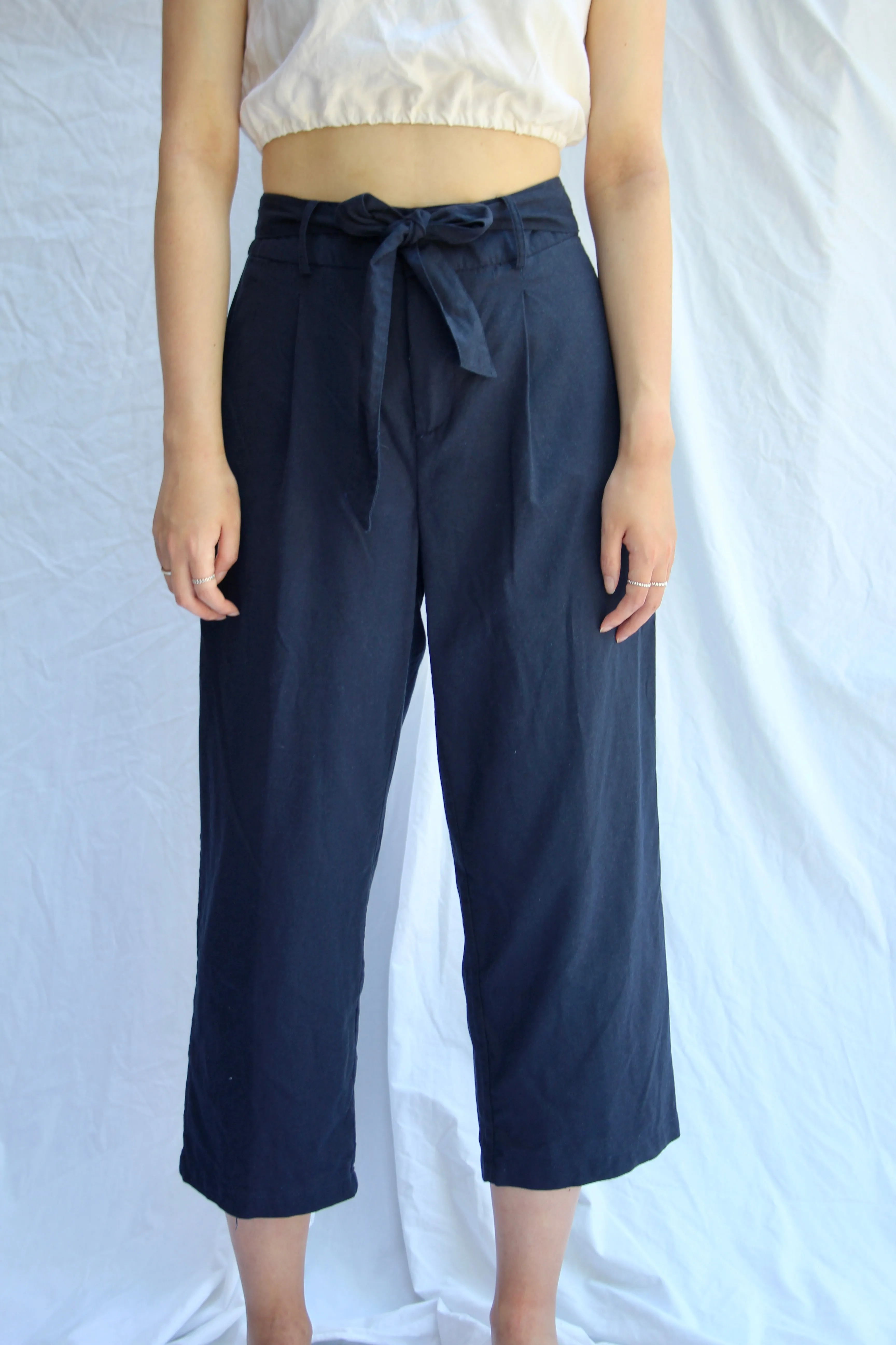 Navy Linen-Blend Paperbag Trousers - 33