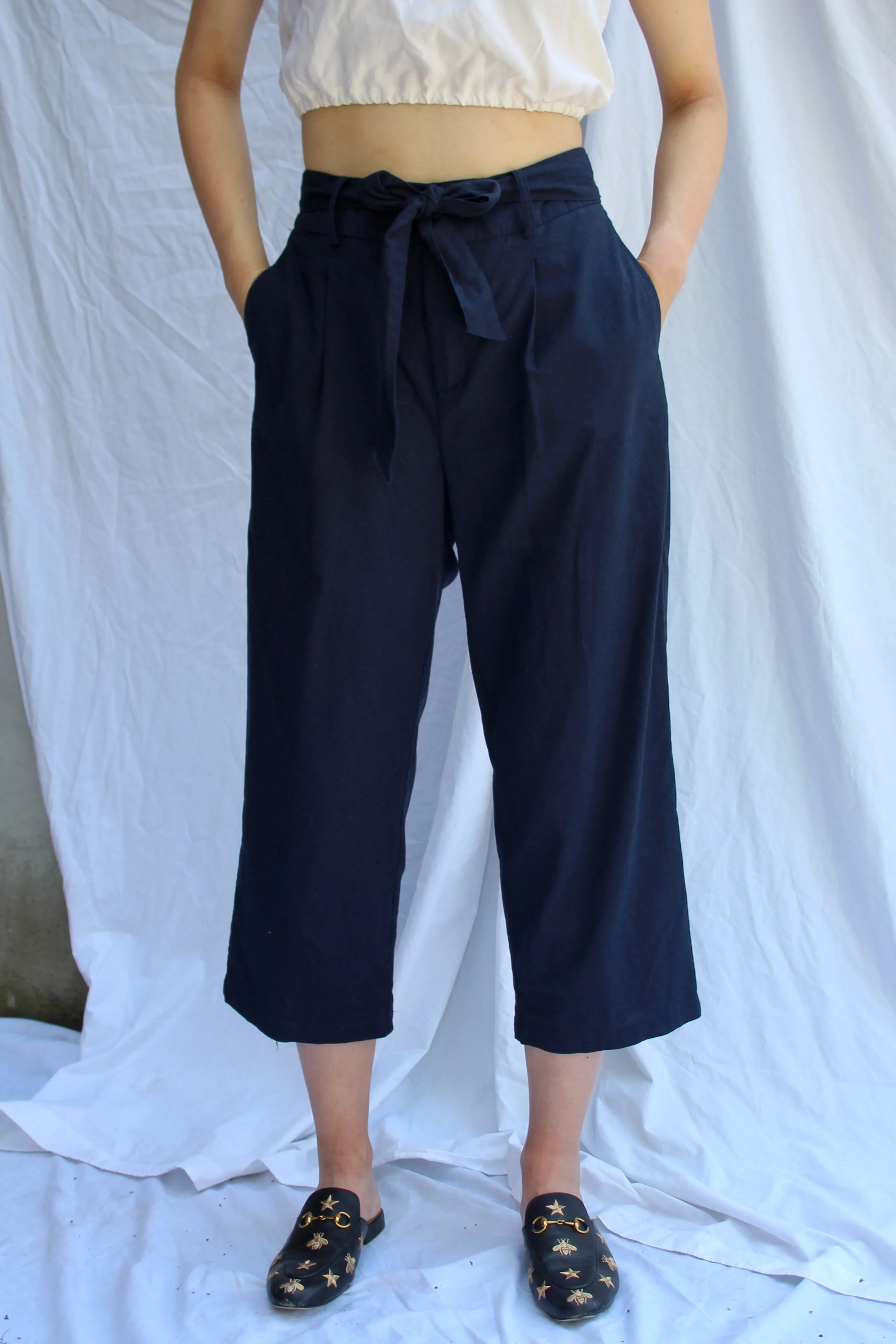 Navy Linen-Blend Paperbag Trousers - 33