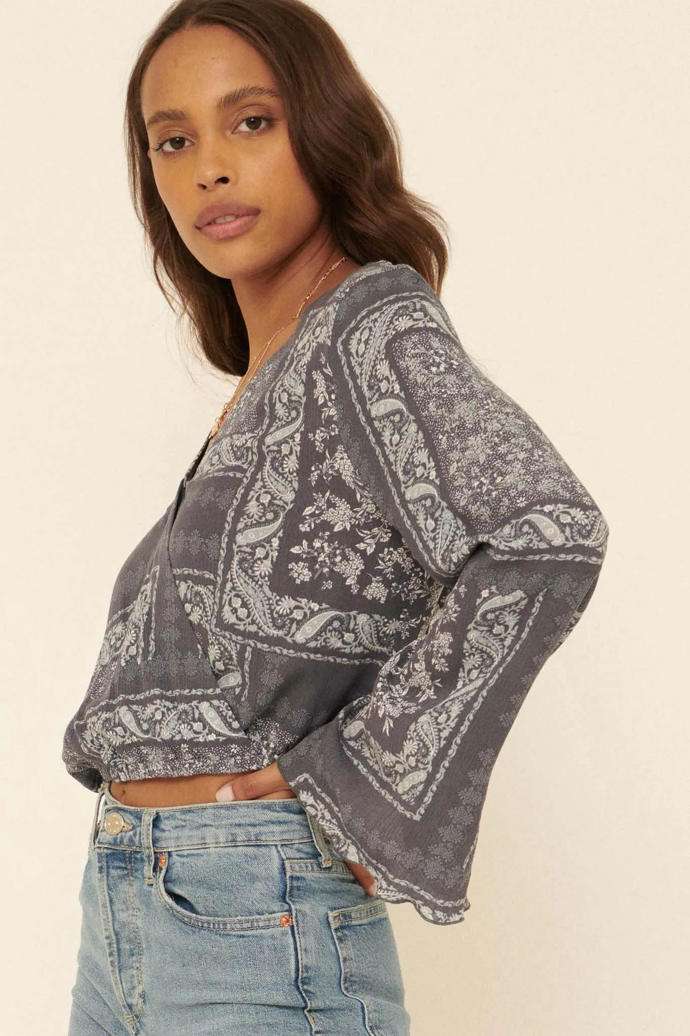 On the Road Bandana-Print Bell-Sleeve Top