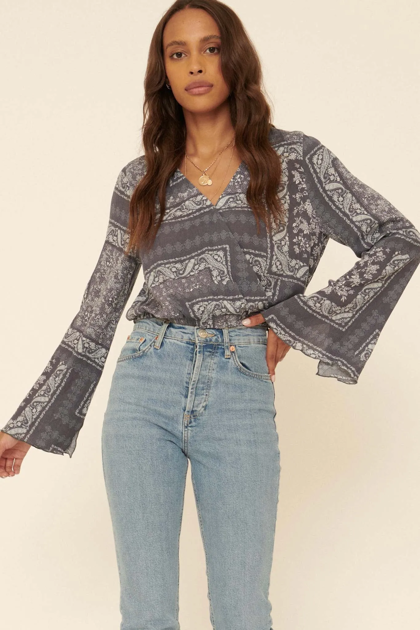 On the Road Bandana-Print Bell-Sleeve Top