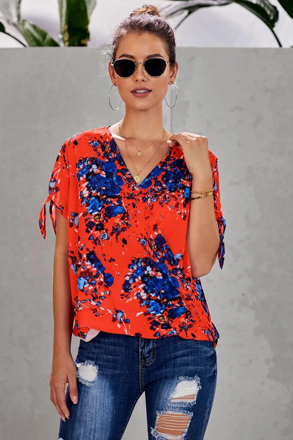 Orange Floral Twist Short Sleeve Blouse Top