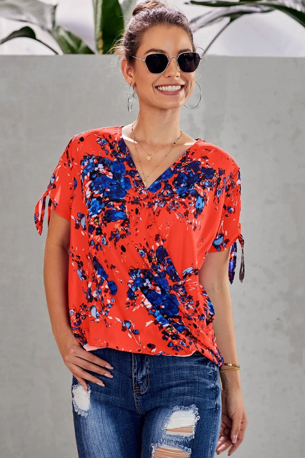 Orange Floral Twist Short Sleeve Blouse Top