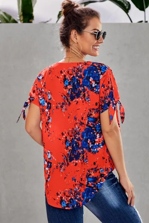 Orange Floral Twist Short Sleeve Blouse Top