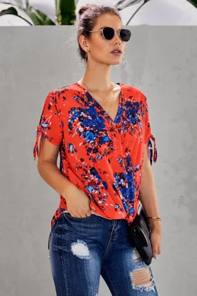 Orange Floral Twist Short Sleeve Blouse Top