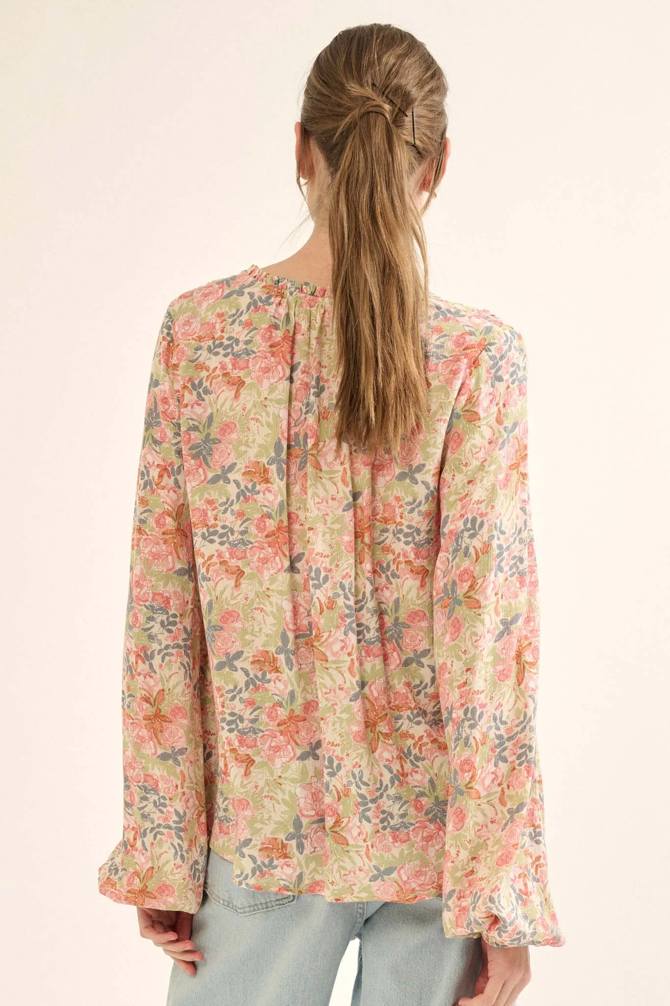 Painter's Soul Floral-Print Lace-Up Peasant Top