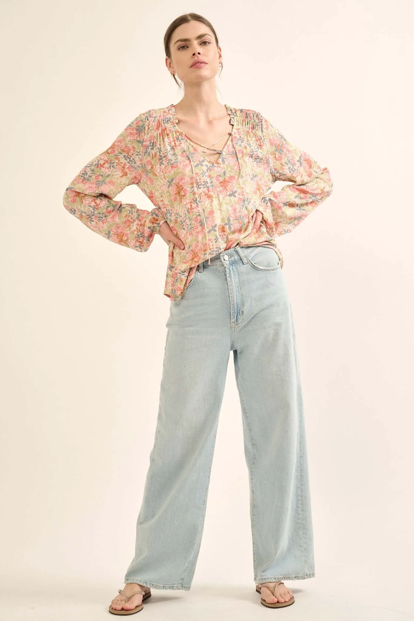 Painter's Soul Floral-Print Lace-Up Peasant Top