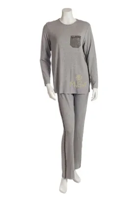 Pierre Balmingo Paris Heather Grey Pajamas with Silver Rhinestone Pocket