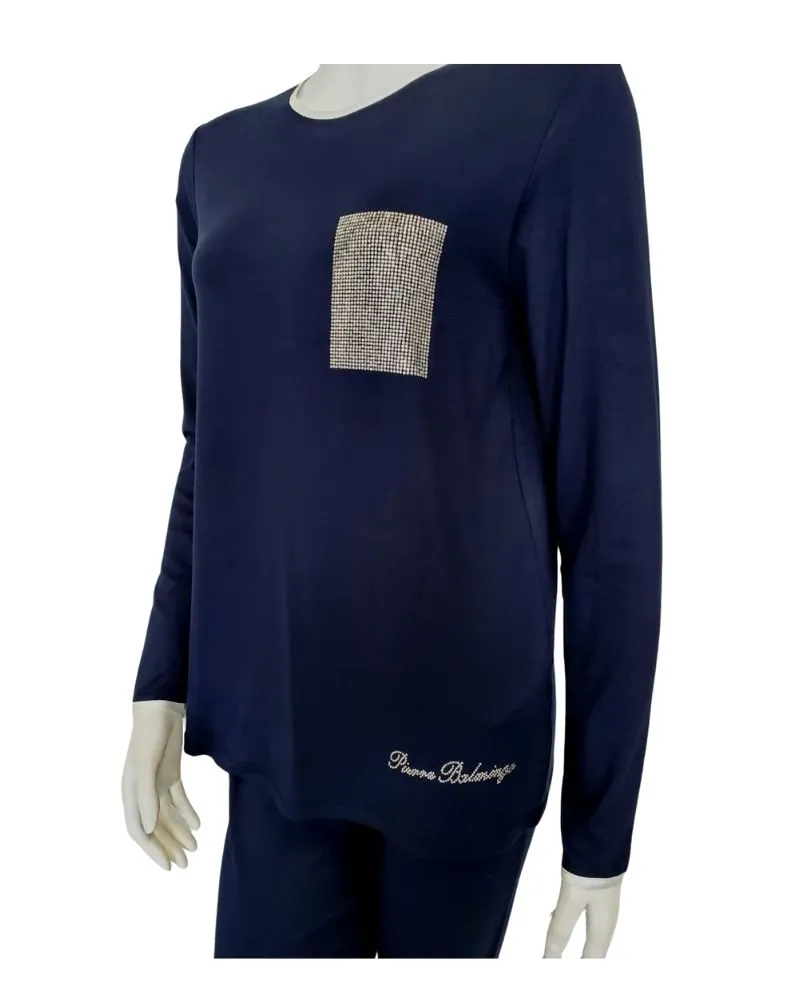 Pierre Balmingo Paris Rhinestone Pocket Navy Modal Pajamas Set