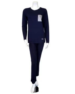 Pierre Balmingo Paris Rhinestone Pocket Navy Modal Pajamas Set