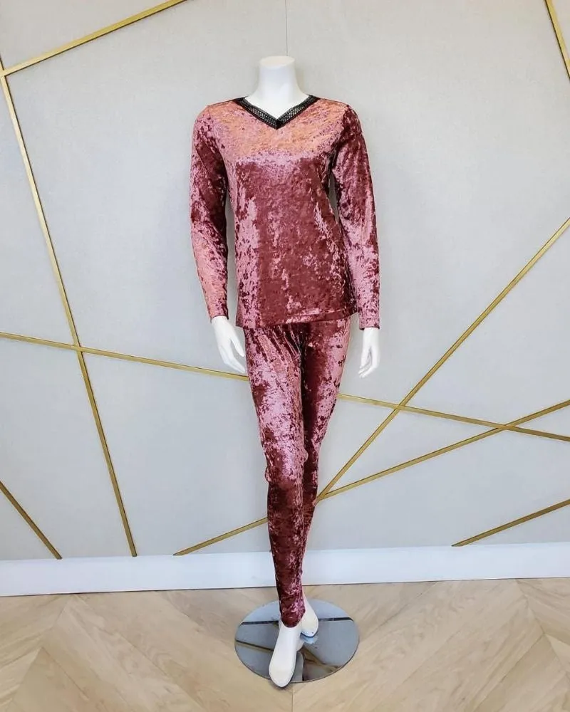 PJ-CRSHVLVT-PNK Pink Crushed Velvet Pajama Set