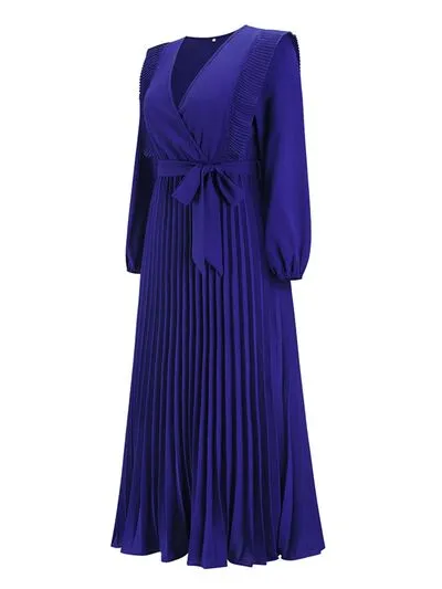 Pleated Surplice Tie Waist Maxi Dress