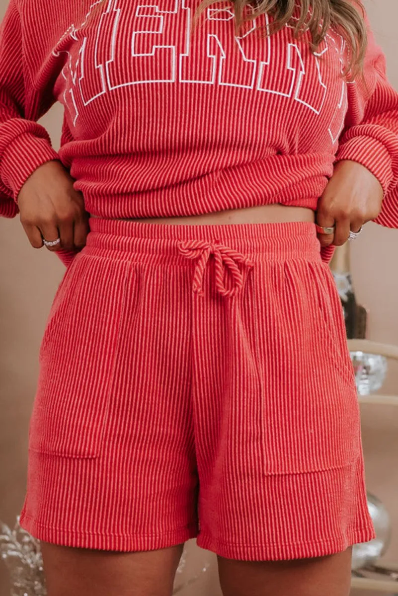 Plus Size Christmas Corduroy "MERRY" Red Long Sleeve Shorts Set