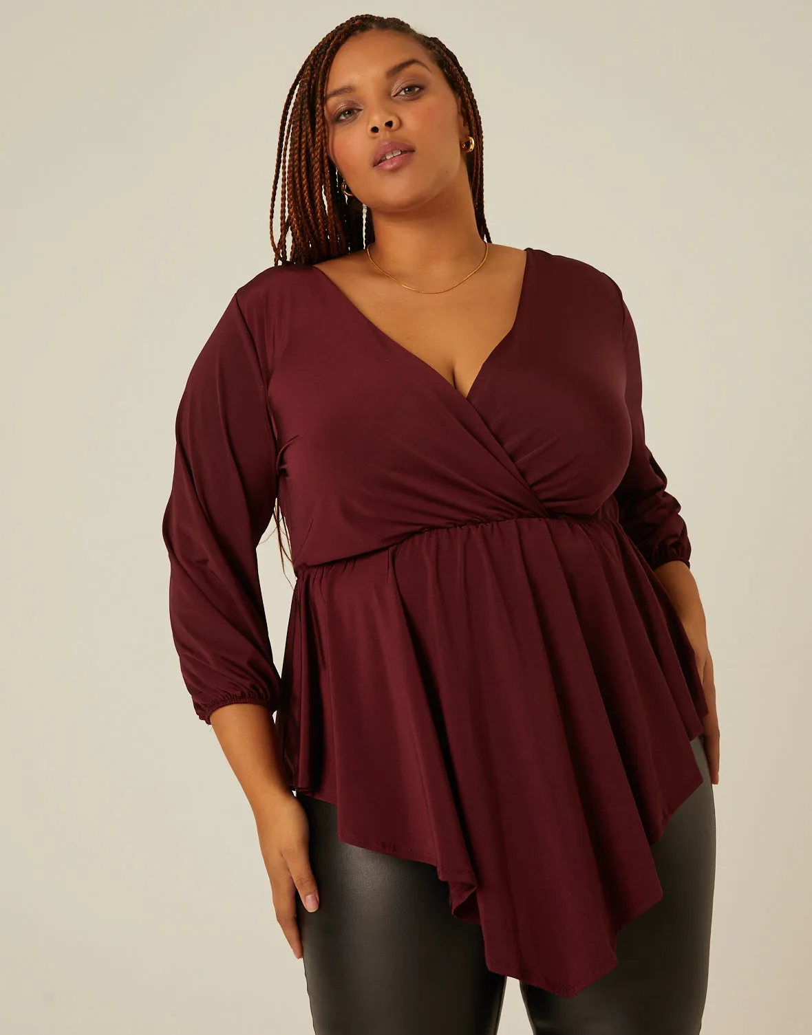 Plus Size Drapey Surplice 3/4 Sleeve Top