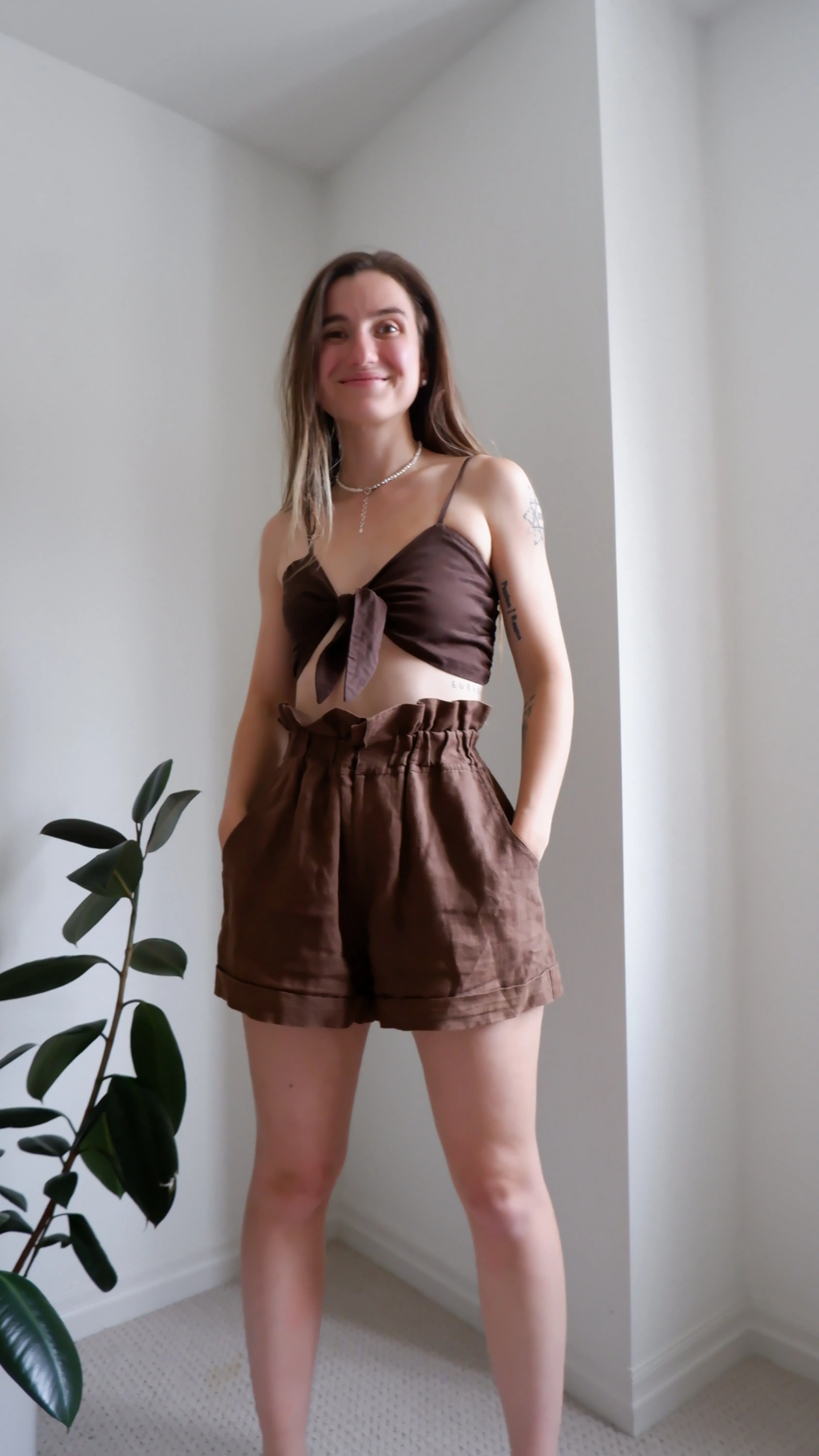 POSSE Chocolate 100% Linen Paperbag Shorts - XS