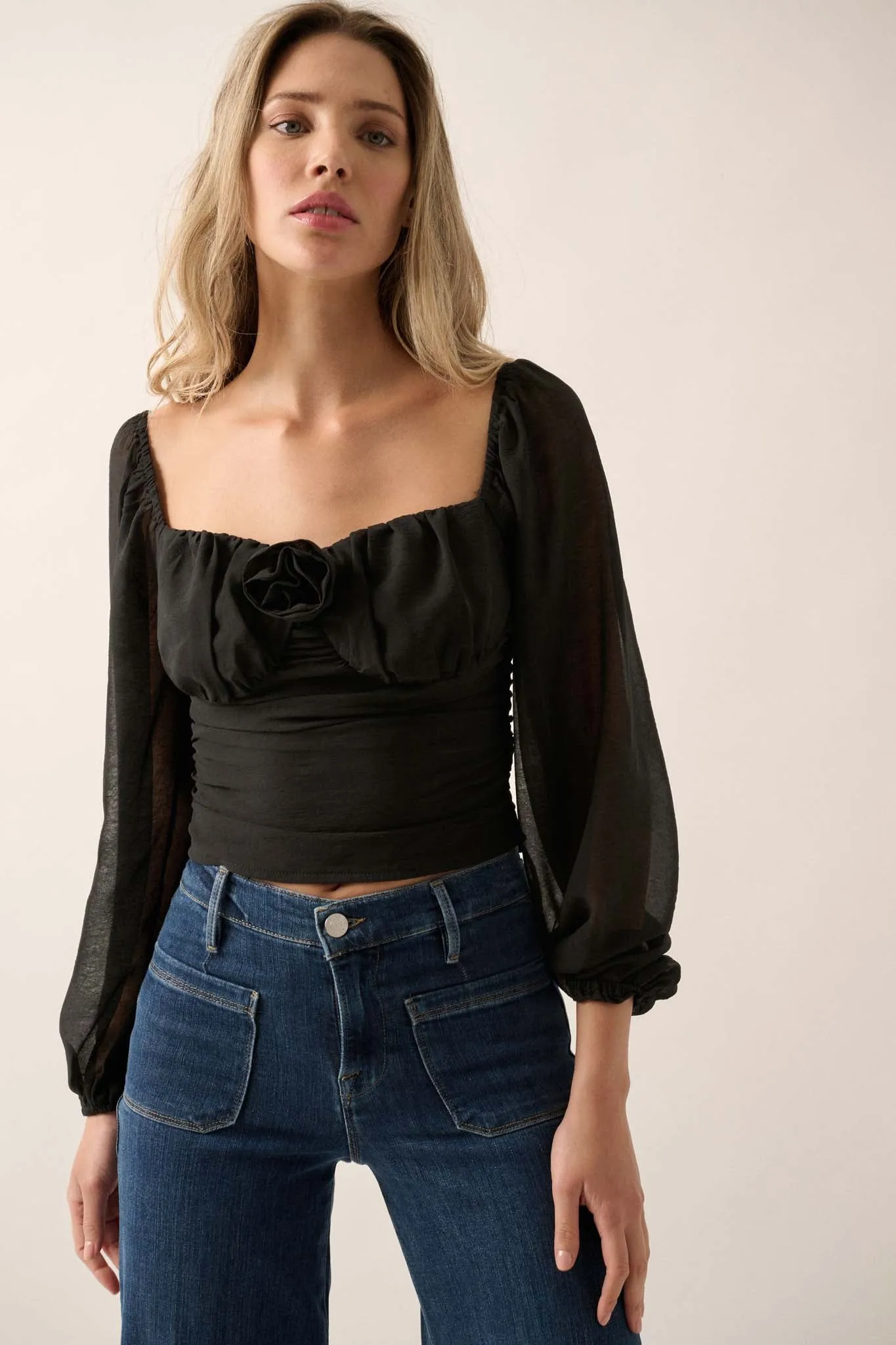 Romantic Era Chiffon Rose-Bodice Peasant Top